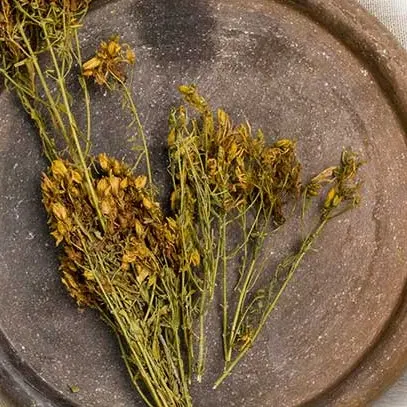 Ramos de ervas secas com flores amarelas sobre um prato de barro