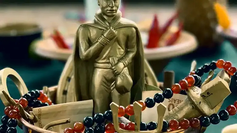 Imagem dourada de Exu do Ouro entre guias e oferendas