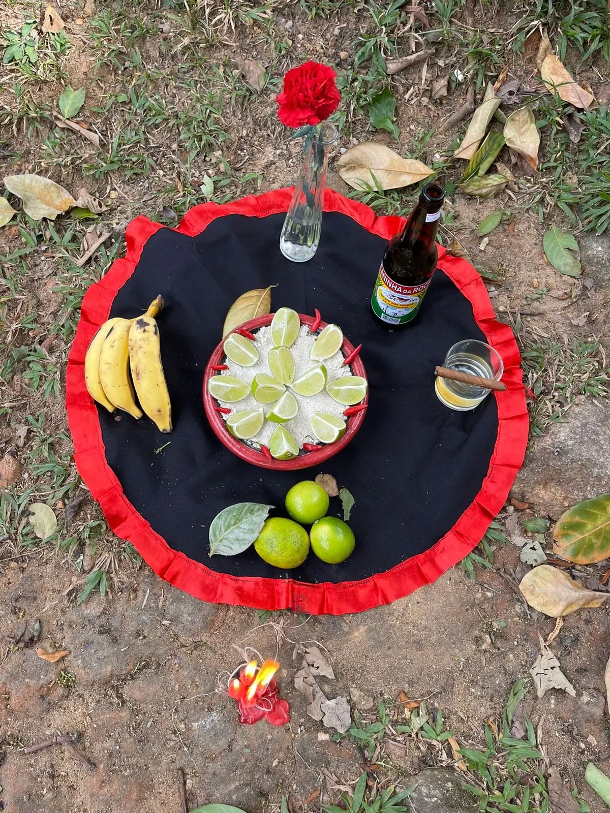 Oferenda a Exu sobre toalha preta com babado vermelho, na terra entre folhas secas, com bananas, limões, cerveja e um cravo vermelho