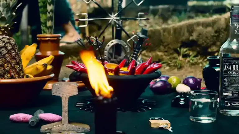 Oferenda a Exu com fogo, tridentes e bebidas