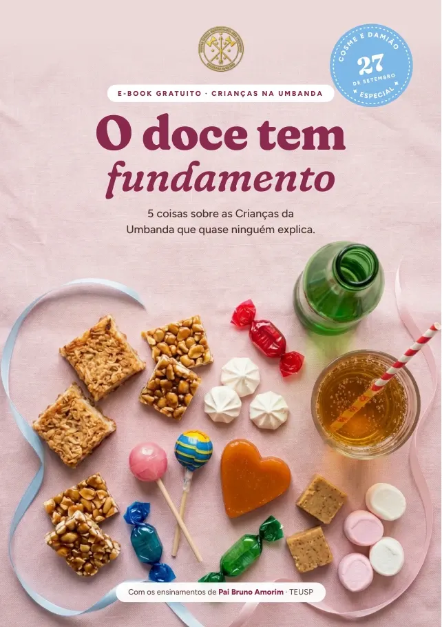 Capa do e-book O doce tem fundamento: doces, guaraná e pirulitos sobre toalha rosa