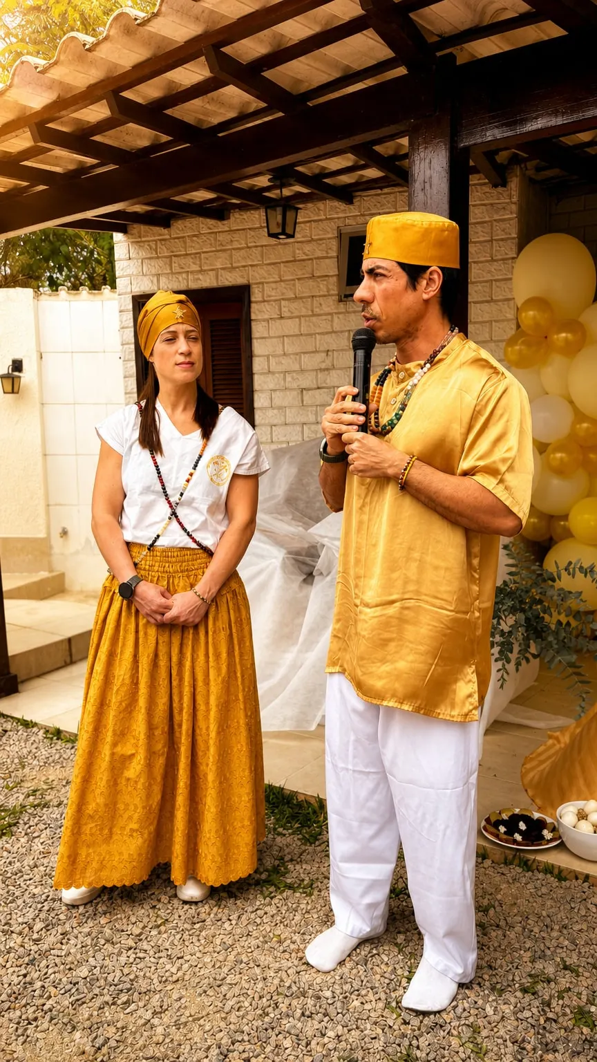 Flávia Amorim e Bruno Amorim, vestidos de dourado, em cerimônia da turma de sacerdócio; Bruno fala ao microfone
