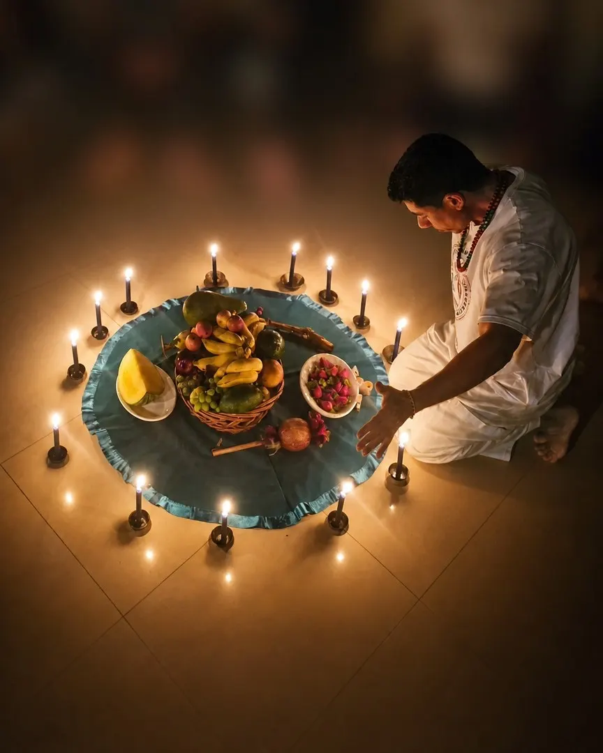 Pai Bruno Amorim, de branco, ajoelhado ao lado de um círculo de velas acesas no chão, em volta de um pano azul com uma cesta de frutas