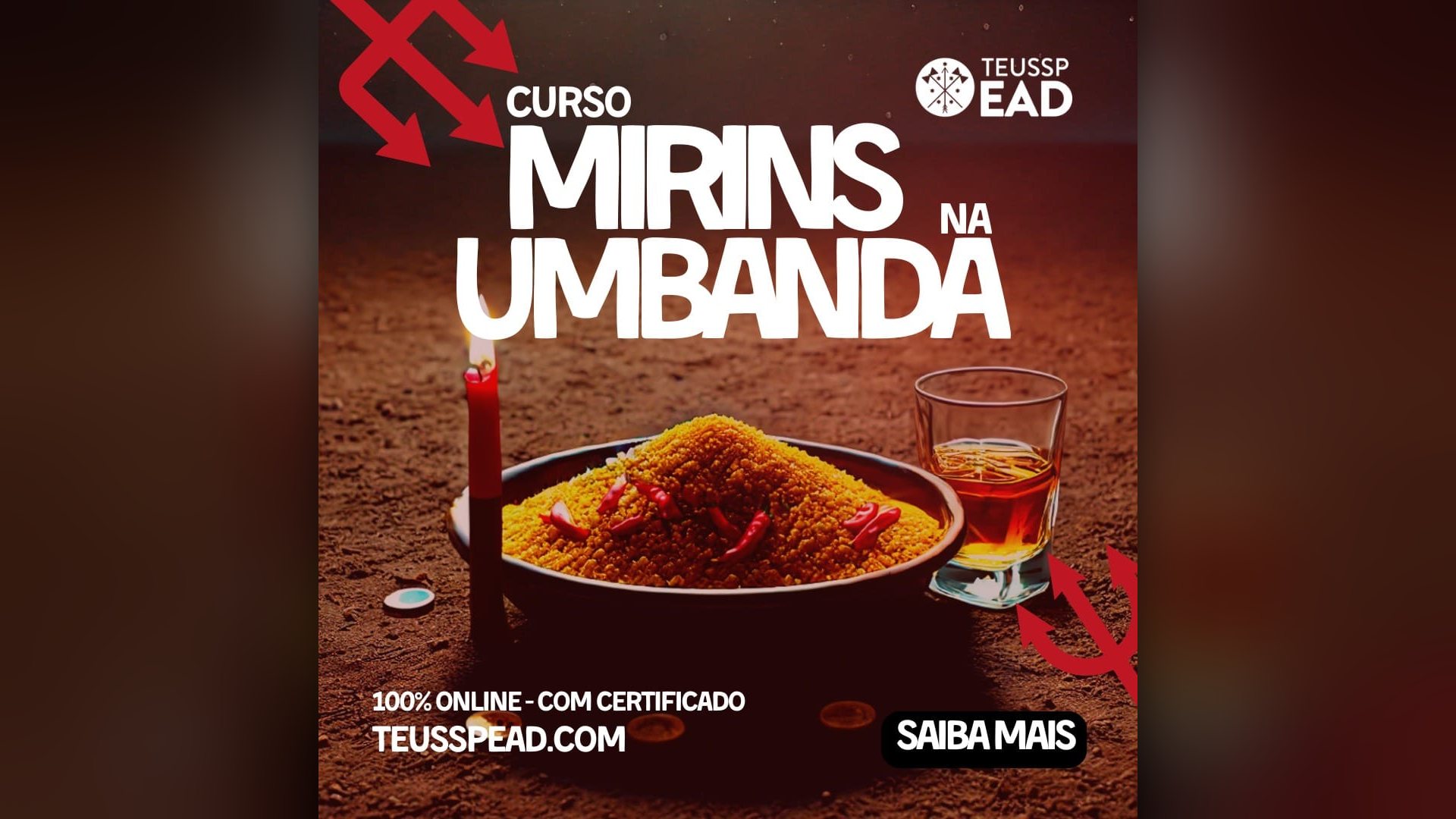 Cartaz do curso online Mirins na Umbanda com farofa, vela e copo de bebida