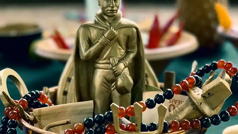 Imagem dourada de Exu do Ouro entre guias e oferendas
