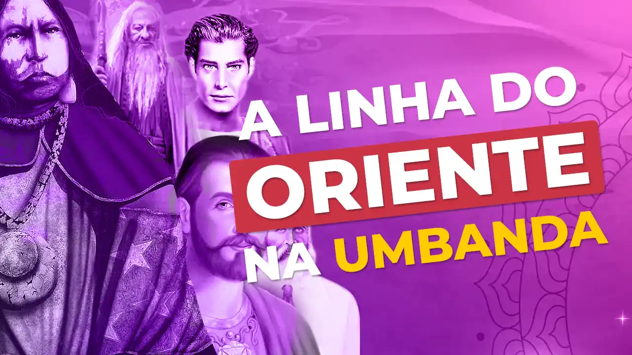 Arte “A Linha do Oriente na Umbanda” com mestres do Oriente em tons de roxo