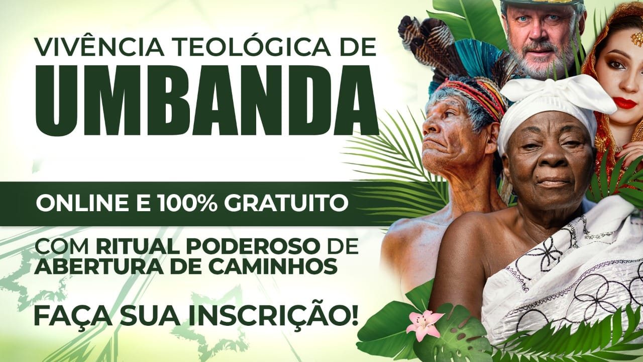 Cartaz da Vivência Teológica de Umbanda com retratos de guias: caboclo, preta velha, marinheiro e cigana